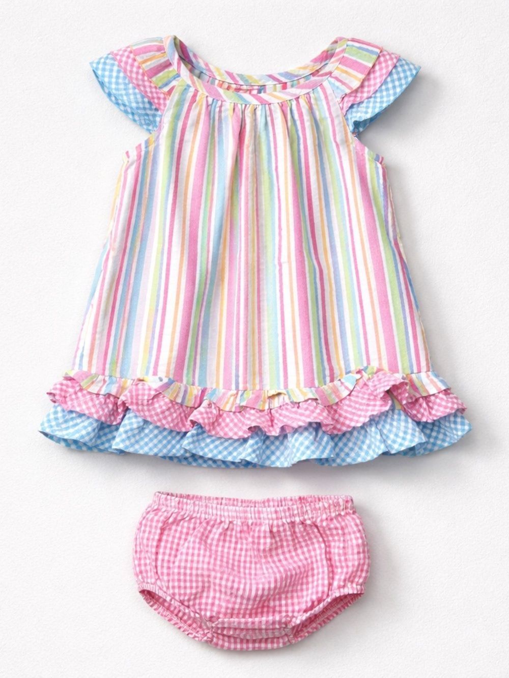 Bonnie Baby pastel multi color striped Searsucker and bloomer set with ruffles